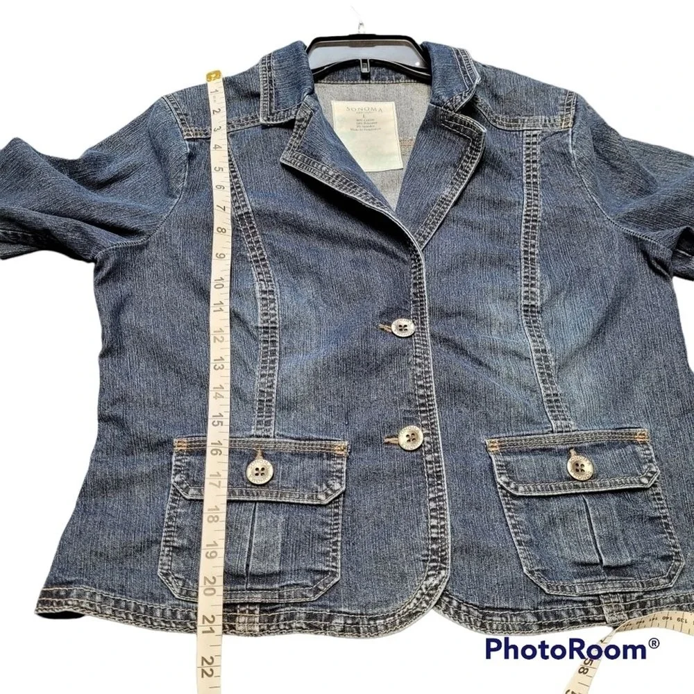 Sonoma 2 Button Collar Blue Jean Denim Jacket Front Flap Pockets Size Large
